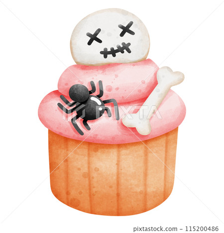cute ghost , bone and little spider on pink cupcake, Halloween element decoration. cute ghost , bone and little spider on pink cupcake, Halloween element decoration. 115200486