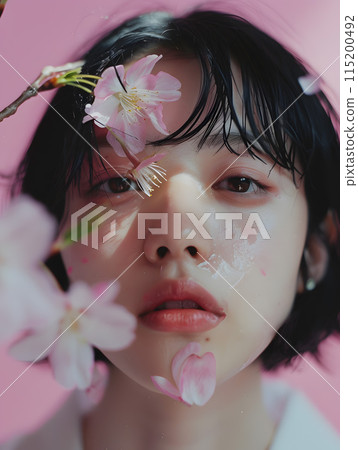 一位亞洲女性被春天到來時綻放的櫻花所包圍。 115200492