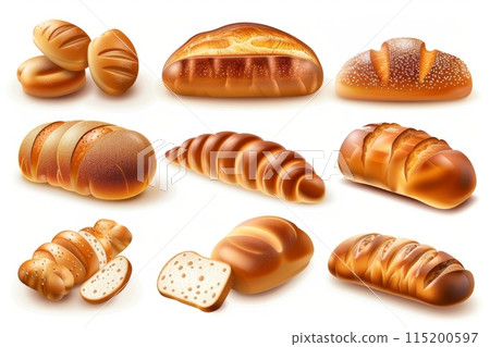 Bread loaves icon, bakery products set, 3d realistic pastry collection, baked buns, baguettes symbols 115200597