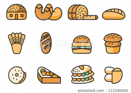 Bread loaves icon, bakery products set, flat minimal pastry collection, baked buns, baguettes symbols 115200600