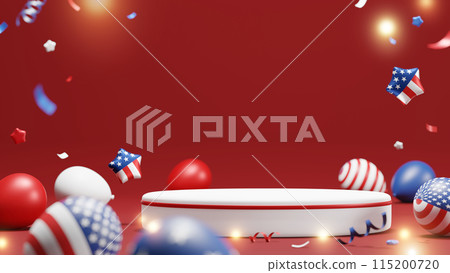 Blank podium and usa balloons with confetti on red background Independence Memorial and labor day sale 3D render Blank podium and usa balloons with confetti on red background Independence Memorial and labor day sale 3D render 115200720