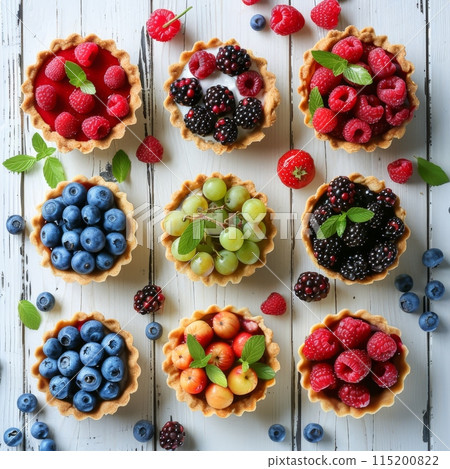 Berries tartlets, fresh strawberry, blueberry pastries, fruit tartlet cakes, french berry dessert, raspberry 115200822