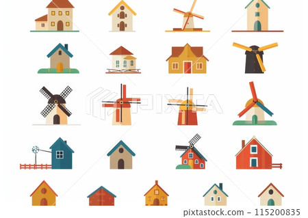 Windmill mill icon, rural countryside mill symbol, wind mill building emblem on white background 115200835