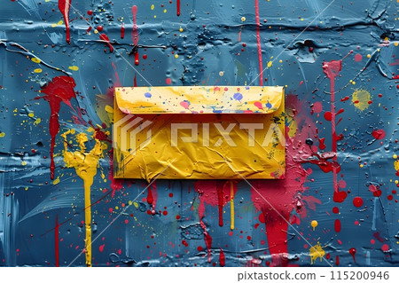 Vibrant Abstract Art with Yellow Envelope on Blue Background - Colorful Splashes and Drips for Creative Design Generative AI 115200946