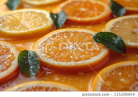 Vibrant Citrus Slices with Fresh Leaves in Orange Juice Perfect for Spring and Summer Refreshments Generative AI Vibrant Citrus Slices with Fresh Leaves in Orange Juice Perfect for Spring and Summer Refreshments Generative AI 115200954
