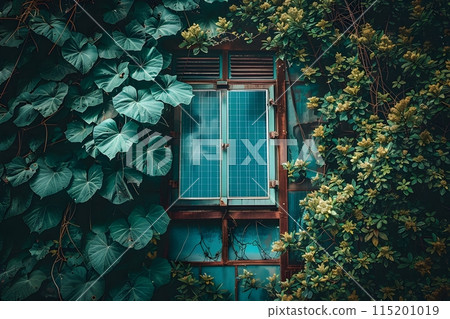 Vintage Window Covered in Lush Green Foliage and Vines for Nature-Themed Wall Art or Background Generative AI 115201019