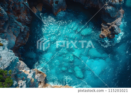 Aerial View of Crystal Clear Turquoise Waters and Rocky Coastline for Travel Instagram Posts Generative AI 115201021