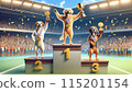 Three cartoon dogs on a sports podium with medals, celebrating victory in a stadium with cheering crowds and falling confetti. 115201154