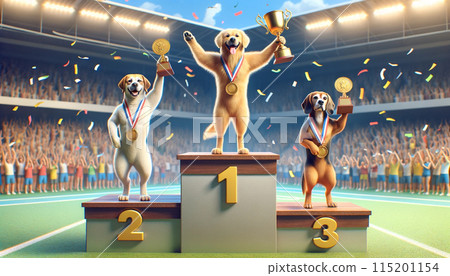 Three cartoon dogs on a sports podium with medals, celebrating victory in a stadium with cheering crowds and falling confetti. 115201154