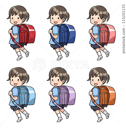 A girl carrying a school bag of various colors A girl carrying a school bag of various colors 115201155