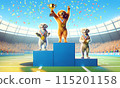 Three cartoon dogs standing on a sports podium with medals, celebrating their victory in a stadium filled with cheering crowds and confetti falling. 115201158
