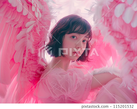 Dreamy Asian woman surrounded by feathers Dreamy Asian woman surrounded by feathers 115201532