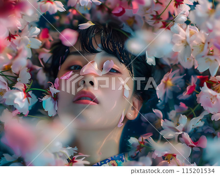 一位亞洲女性被春天到來時綻放的櫻花所包圍。 115201534