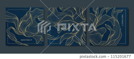 Vector set of floral design backgrounds, square gold on black frames. Flower, leaves ornaments, royal borders, nature line illustrations. Elegant perfume, wedding, beauty art deco package. Vector set of floral design backgrounds, square gold on black frames. Flower, leaves ornaments, royal borders, nature line illustrations. Elegant perfume, wedding, beauty art deco package. 115201677