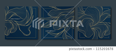 Vector set of floral design backgrounds, square gold on black frames. Flower, leaves ornaments, royal borders, nature line illustrations. Elegant perfume, wedding, beauty art deco package. 115201678