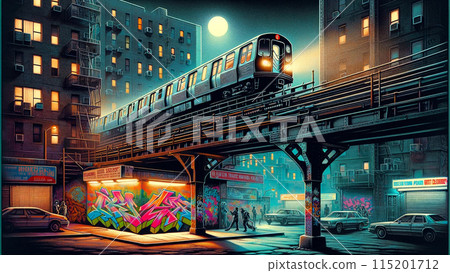 20 世紀 80 年代紐約住宅區中的地鐵和塗鴉 20 世紀 80 年代紐約住宅區中的地鐵和塗鴉 115201712