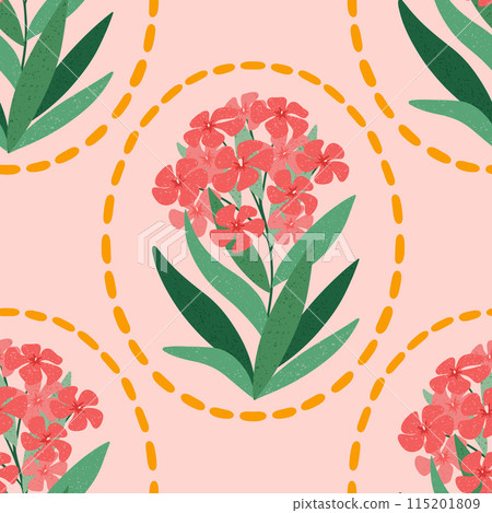 Oleander flower vector seamless pattern. Hand drawn blooming Nerium flower with leaves in oval shapes on pink background. Modern textured floral repeat design for stationery, fabrics, wallpaper 115201809