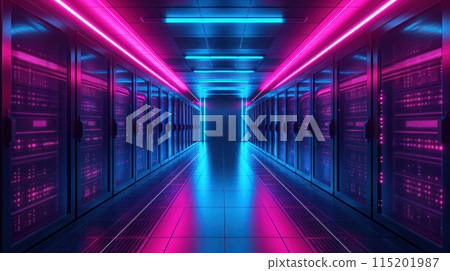 Hi-tech data storage server hallway, cloud computing neon glowing design. AI generated 115201987