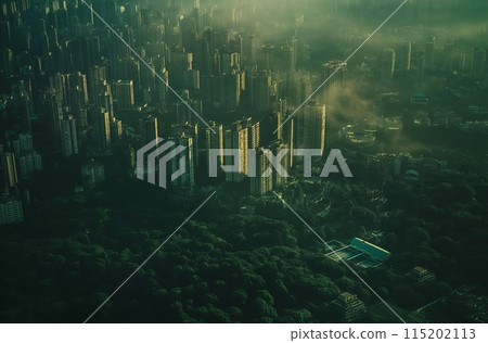 Urban skyline amidst forest 115202113