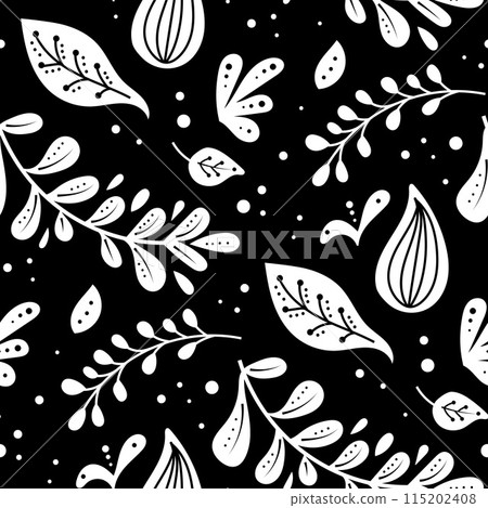 Seamless neo folk art vector pattern with flowers, black and white floral design. Neo folk style endless background perfect for textile design. Seamless neo folk art vector pattern with flowers, black and white floral design. Neo folk style endless background perfect for textile design. 115202408