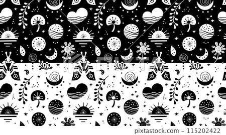 Seamless neo folk patterns set with butterfly, moth and flowers, black and white floral design. Set Neo folk style endless backgrounds perfect for textile design. Seamless neo folk patterns set with butterfly, moth and flowers, black and white floral design. Set Neo folk style endless backgrounds perfect for textile design. 115202422