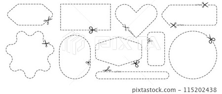 Cut here icon. Set of scissors cutting shape, paper cut here icon with dotted line for ticket, coupon, promo code. 115202438