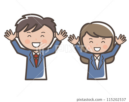 Upper body illustration of male and female businessmen who are overjoyed and raising their arms in the air 115202537