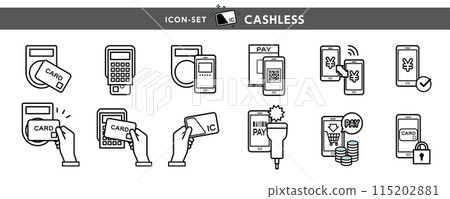 Icon and illustration set of cashless payments using cards and smartphones and payments via various terminals Icon and illustration set of cashless payments using cards and smartphones and payments via various terminals 115202881