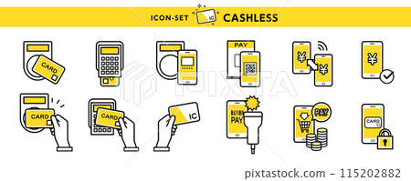 Icon and illustration set of cashless payments using cards and smartphones and payments via various terminals Icon and illustration set of cashless payments using cards and smartphones and payments via various terminals 115202882
