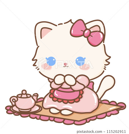 Hand drawn illustration Coquette style white kawaii cat kitty kitten wearing pink Ribbon Bow pastel color isolated on transparent background, perfect for valentines day gifts, nursery Tea party 115202911