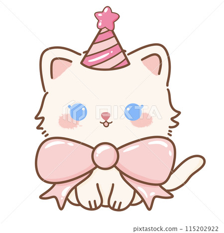 Hand drawn illustration Coquette style white kawaii cat kitty kitten wearing pink Ribbon Bow pastel color isolated on transparent background, perfect for valentines day gifts, nursery Birthday Hat 115202922
