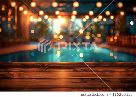 Table Pool Mockup, Wooden Background Space by Hotel Swimming Pool Bar, Copy Space 115203133