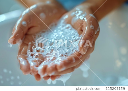 Washing Hands with Soap Closeup. Woman Wash her Palms, Soapy Arms, Washing Hands 115203159