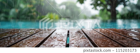 Wet Table Pool Mockup, Wooden Background Space by Hotel Swimming Pool Bar in Heavy Rain, Copy Space 115203173