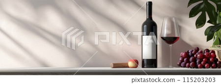 Red Wine Bottle Mockup with Glass, Wineglass, Red Drink with Copy Space, Dry Red Wine 115203203