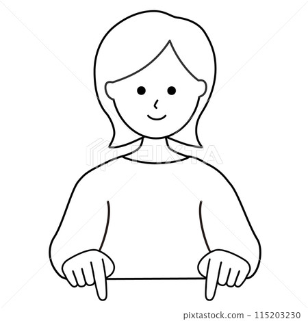 A simple illustration of a line drawing of a woman pointing down and guiding 115203230