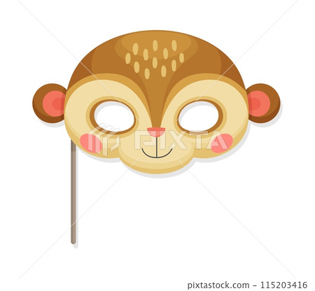Monkey animal carnival party mask. Isolated vector photo booth prop, festive masquerade disguise of ape head. Mask for kids entertainment and party celebration. Festival or birthday costume Monkey animal carnival party mask. Isolated vector photo booth prop, festive masquerade disguise of ape head. Mask for kids entertainment and party celebration. Festival or birthday costume 115203416