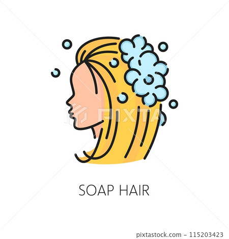 Hair soap care and treatment thin line color icon. Hair health treatment linear sign, haircare cosmetology product, spa salon or bathroom cosmetics outline vector pictogram or symbol Hair soap care and treatment thin line color icon. Hair health treatment linear sign, haircare cosmetology product, spa salon or bathroom cosmetics outline vector pictogram or symbol 115203423