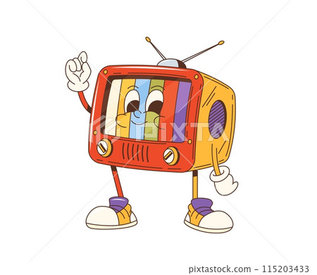 Cartoon groovy retro tv character. Isolated vector retro-futuristic television set personage with colorful stripes on screen, expressive eyes and wide, charismatic smile, exuding a vintage 60s vibe 115203433