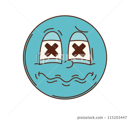 Cartoon retro hippie groovy unhappy face emoji. Isolated vector blue sad smile face with Xs for eyes and trembling mouth, used to convey extreme exhaustion, boredom, or a lack of interest in situation 115203447