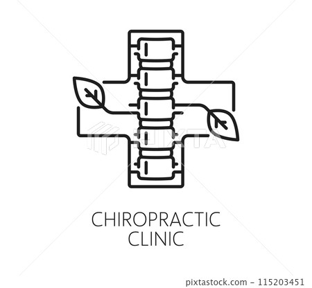 Chiropractic medicine clinic line icon for chiropractor therapy, spine bone and cross vector emblem. Chiropractic medical treatment, body orthopedic physiotherapy, back adjustment massage clinic sign Chiropractic medicine clinic line icon for chiropractor therapy, spine bone and cross vector emblem. Chiropractic medical treatment, body orthopedic physiotherapy, back adjustment massage clinic sign 115203451