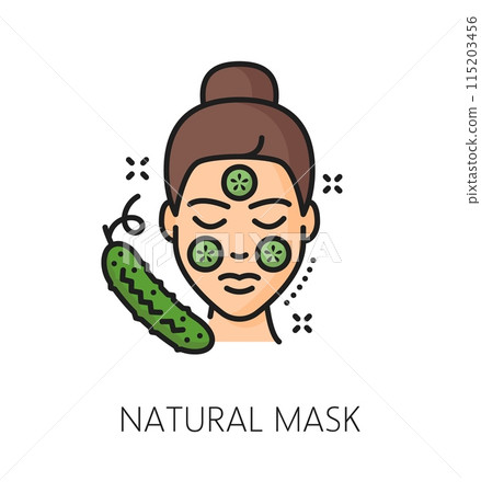 Skincare natural mask, cosmetology and mesotherapy, face care line color icon. Woman beauty cosmetics moisturizer or skin care vegetable mask thin line vector pictogram with fresh cucumber 115203456