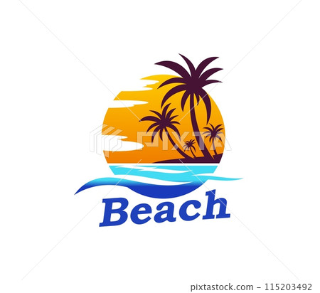 Summer tropical sunrise, palm trees and island beach icon, vector travel emblem. Ocean beach with sea waves and palm silhouettes for topical paradise island or holiday vacation and beach party fest 115203492