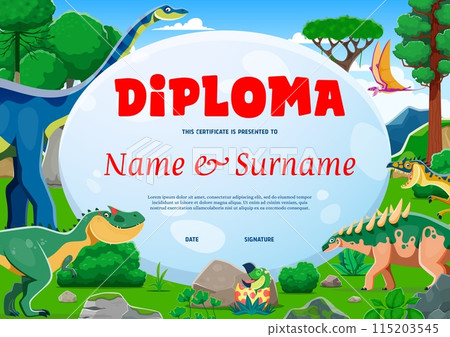 Kids diploma, funny dinosaurs with big dino egg. Vector award certificate with cartoon prehistoric creatures at tropical landscape with rolling hills and trees. Brontosaurus,, pterodactyl and baby 115203545