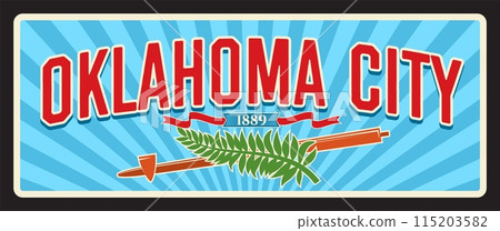 Oklahoma City, United States of America town. Vector travel plate, vintage tin sign, retro postcard design. Old banner or souvenir plaque with ribbon, flower branch and OKC symbolics 115203582