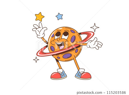 Retro groovy space planet character and stars. Isolated cartoon vector celestial personage with wide cheerful smile, ring and craters, exudes psychedelic vibes, cosmic coolness and funky demeanor Retro groovy space planet character and stars. Isolated cartoon vector celestial personage with wide cheerful smile, ring and craters, exudes psychedelic vibes, cosmic coolness and funky demeanor 115203586