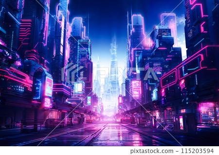 Futuristic city nightscape with neon glow Futuristic city nightscape with neon glow 115203594