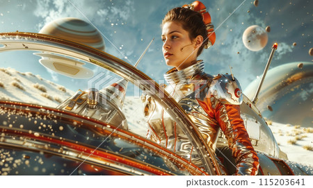 Digital art portrait of a woman in a space suit against a cosmic backdrop with planets 115203641