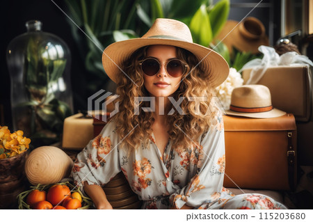 Fashionable young woman in a floral dress, trendy hat, and sunglasses posing indoors with a bohemian vibe Fashionable young woman in a floral dress, trendy hat, and sunglasses posing indoors with a bohemian vibe 115203680