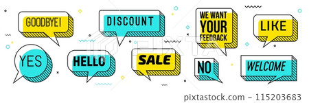 Memphis speech bubbles, funky comic talk cloud. Chat message graphic symbol, talk dialog comic Memphis bubbles or text vector banners. Speak cloud with goodbye, hello, sale and discount, no words Memphis speech bubbles, funky comic talk cloud. Chat message graphic symbol, talk dialog comic Memphis bubbles or text vector banners. Speak cloud with goodbye, hello, sale and discount, no words 115203683